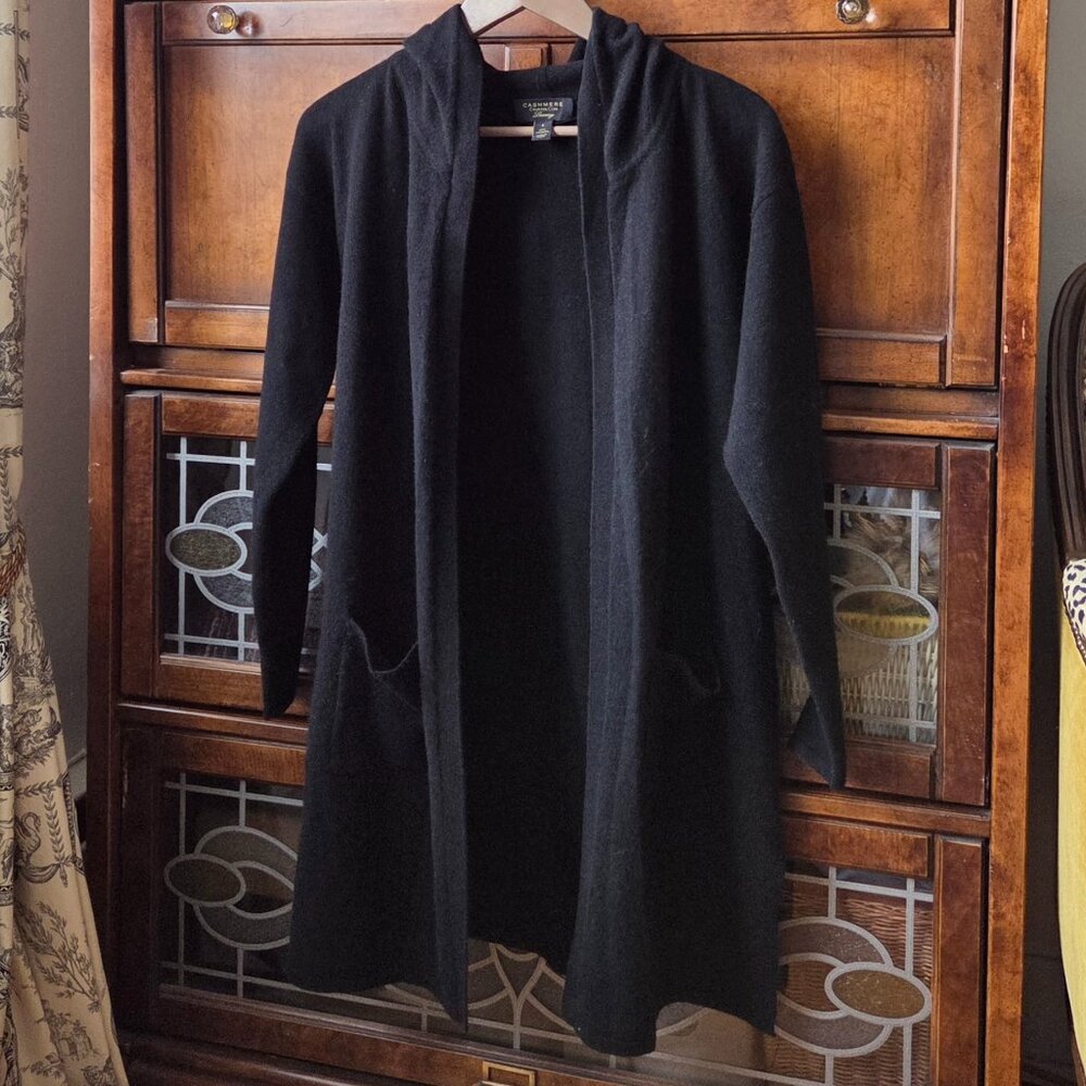 Charter Club Black Open Cardigan with Hood 100% Cashmere